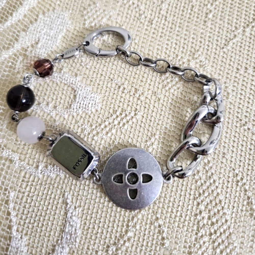 Vintage Fossil Pewter-tone Stainless Steel Gemstone, & Crystal Bead Bracelet - Picture 2 of 4